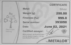 250g Metalor Silver Bar Cast certificate