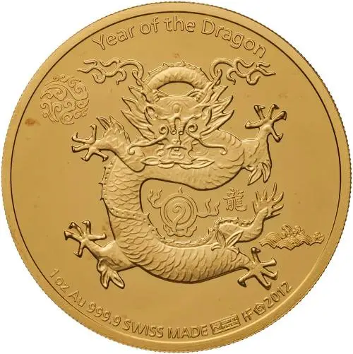 2012 Gold Bullion Ungraded 1 Ounce Year of the Dragon  Coin Single Switzerland Swiss Bullion Corp rev