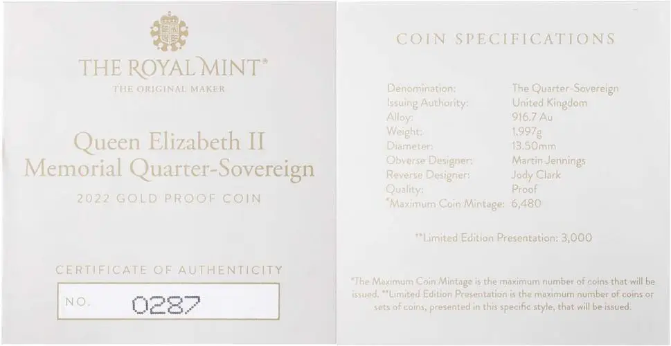 2022 Gold Proof Quarter Sovereign Elizabeth II Memorial Coin cert