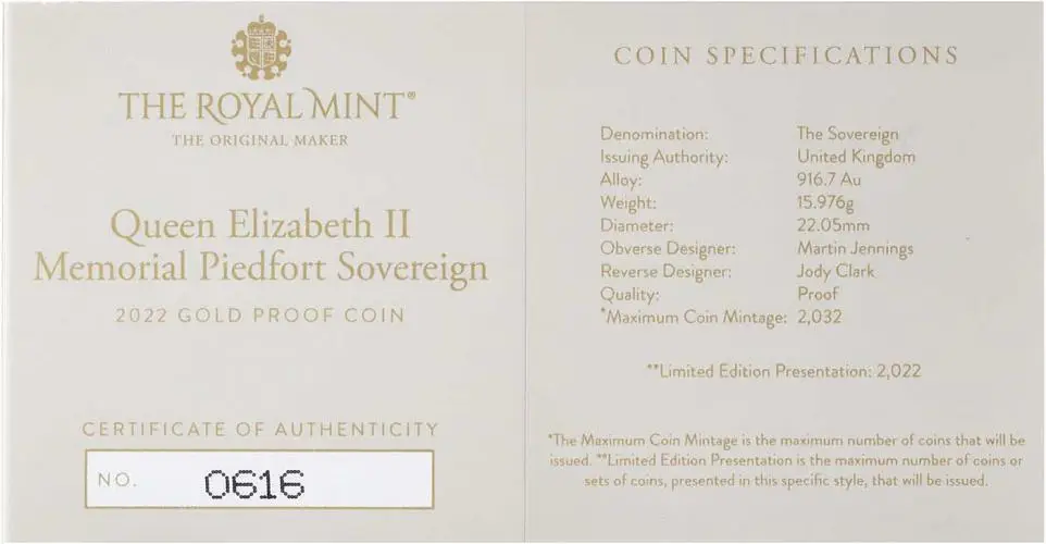 2022 Gold Proof Piedfort Sovereign Elizabeth II Memorial Coin cert