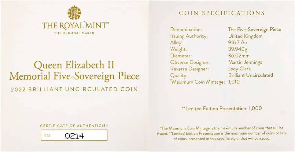 2022 Elizabeth II Memorial Five Sovereign Piece BU Matt Finish cert