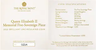 2022 Elizabeth II Memorial Five Sovereign Piece BU Matt Finish cert