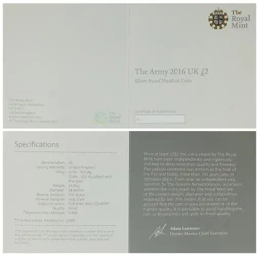 2016 Silver Proof Piedfort The Army - First World War Pound Sterling 2 pound certificate