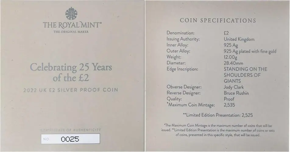 2022 25th Anniversary of the £2 Silver Proof Coin reverse cert
