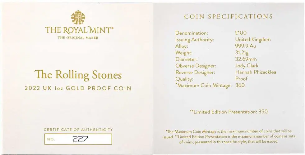 2022 The Rolling Stones - Music Legends 1 oz Gold Proof Coin cert4