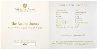 2022 The Rolling Stones - Music Legends 1 oz Gold Proof Coin cert4
