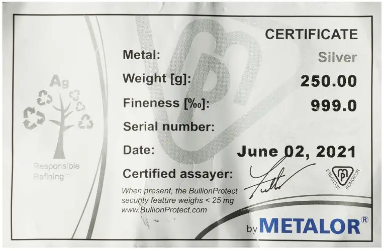 Metalor 250g Cast Silver Bullion Bar - Pre-Owned certificate