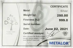 Metalor 250g Cast Silver Bullion Bar - Pre-Owned certificate