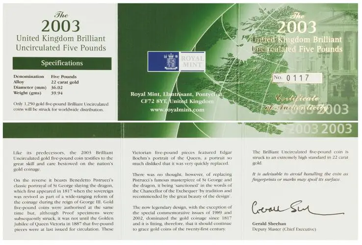 2003 Gold BU Elizabeth II £5 / Crown  Coin With Box with Cert United Kingdom The Royal Mint certificate