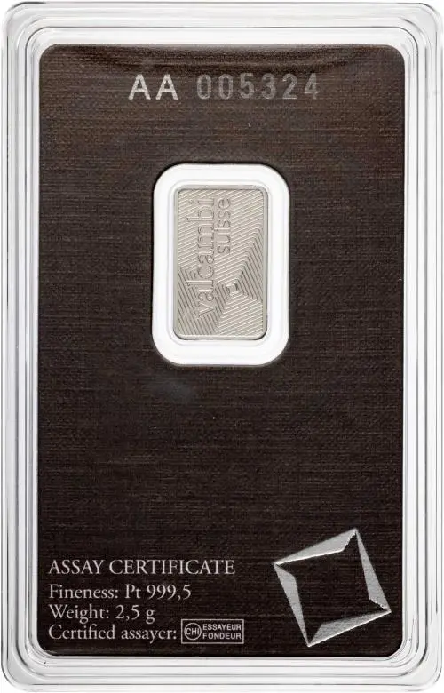 Platinum Bullion Ungraded 2.5 Gram Valcambi Suisse  Bar In Sleeve Valcambi SA reverse