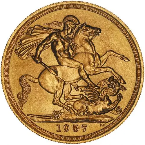 1957 Gold Sovereign Elizabeth II First Portrait Bullion Coin reverse chards image crop