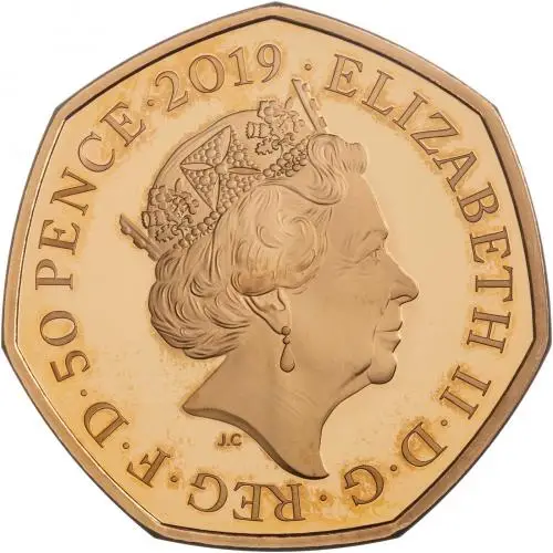 2019 Gold Proof Beatrix Potter Elizabeth II Peter Rabbit Pound Sterling 50 Pence  Coin With Box with Cert United Kingdom The Royal Mint obverse