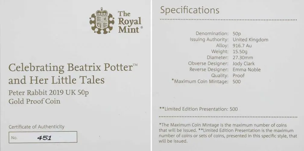 2019 Gold Proof Beatrix Potter Elizabeth II Peter Rabbit Pound Sterling 50 Pence  Coin With Box with Cert United Kingdom The Royal Mint with cert