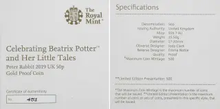 2019 Gold Proof Beatrix Potter Elizabeth II Peter Rabbit Pound Sterling 50 Pence  Coin With Box with Cert United Kingdom The Royal Mint with cert