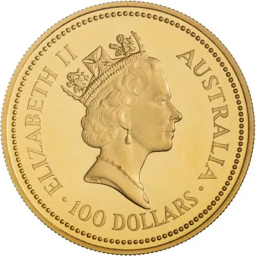 1987 Gold Proof 1 Ounce Kangaroo Nugget Elizabeth II $100  Coin Australia Perth Mint obverse