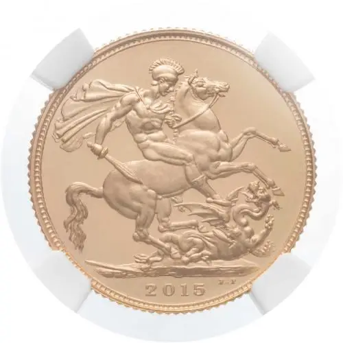 2015 One Of First 500 Struck Gold Proof Full Sovereign Elizabeth II Pound Sterling  Coin Single United Kingdom NGC Fifth Portrait PF 70 ULTRA CAMEO rev close view