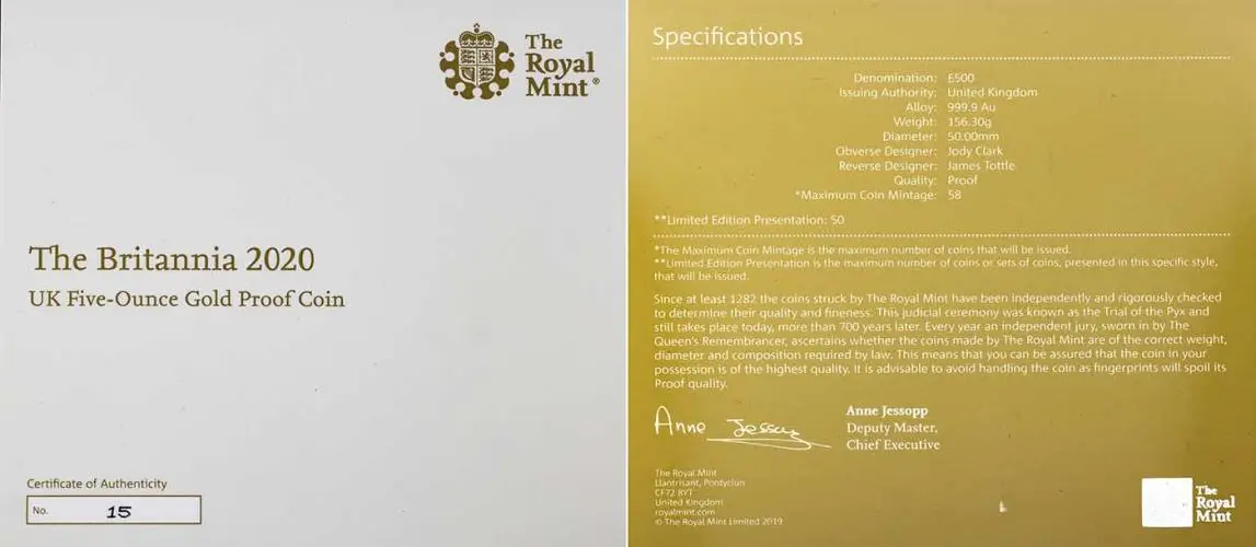 2020 Gold Proof 5 Ounce Britannia Spirit Of A Nation  Coin Single With Cert With Box United Kingdom The Royal Mint with cert
