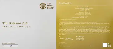 2020 Gold Proof 5 Ounce Britannia Spirit Of A Nation  Coin Single With Cert With Box United Kingdom The Royal Mint with cert