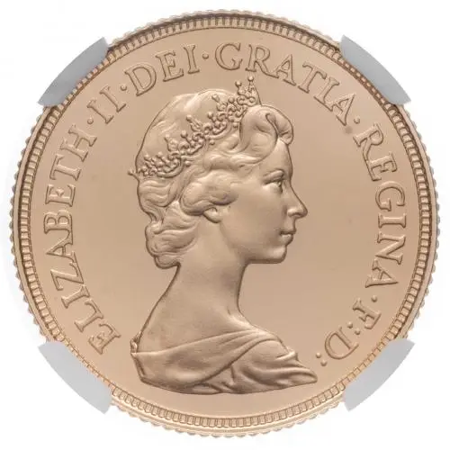 1982 Gold Proof Full Sovereign Elizabeth II  Coin Slabbed United Kingdom The Royal Mint Second Portrait PF-69 ULTRA CAMEO obv close view