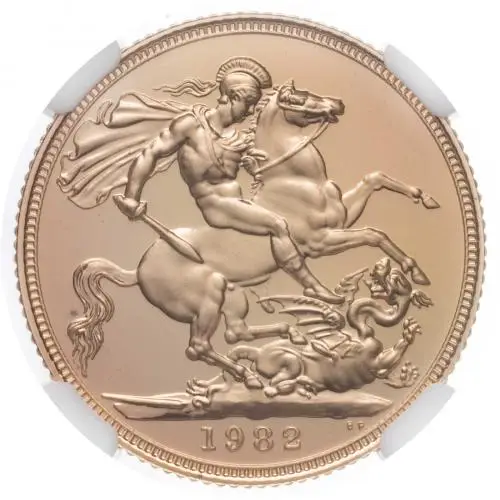 1982 Gold Proof Full Sovereign Elizabeth II  Coin Slabbed United Kingdom The Royal Mint Second Portrait PF-69 ULTRA CAMEO rev close view