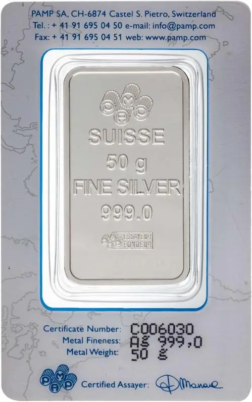 Silver Bullion Ungraded 50 Gram  Bar Pre-Owned PAMP Suisse obverse
