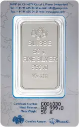 Silver Bullion Ungraded 50 Gram  Bar Pre-Owned PAMP Suisse obverse