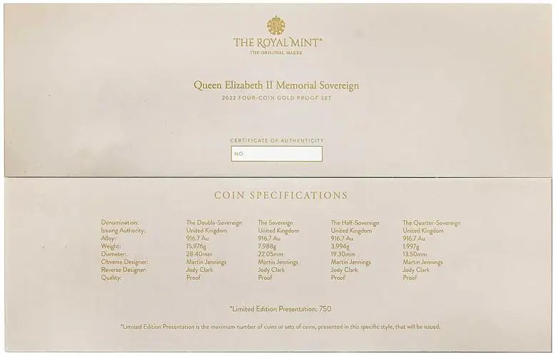 2022 Elizabeth II Memorial 4-Coin Gold Proof Sovereign Set box Cert will vary