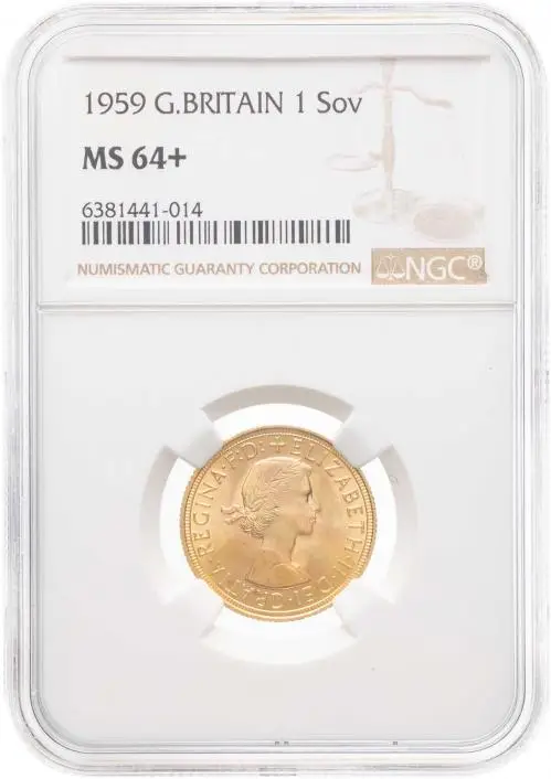 1959 Gold Sovereign Elizabeth II NGC MS-64+ obv