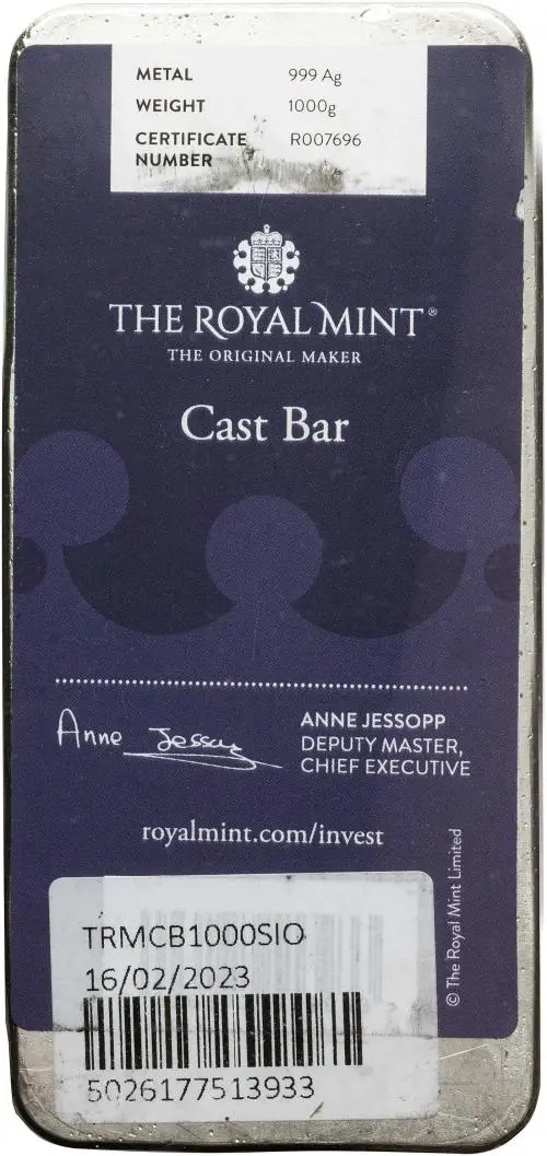 The Royal Mint 1kg Cast Silver Bullion Bar - New obverse