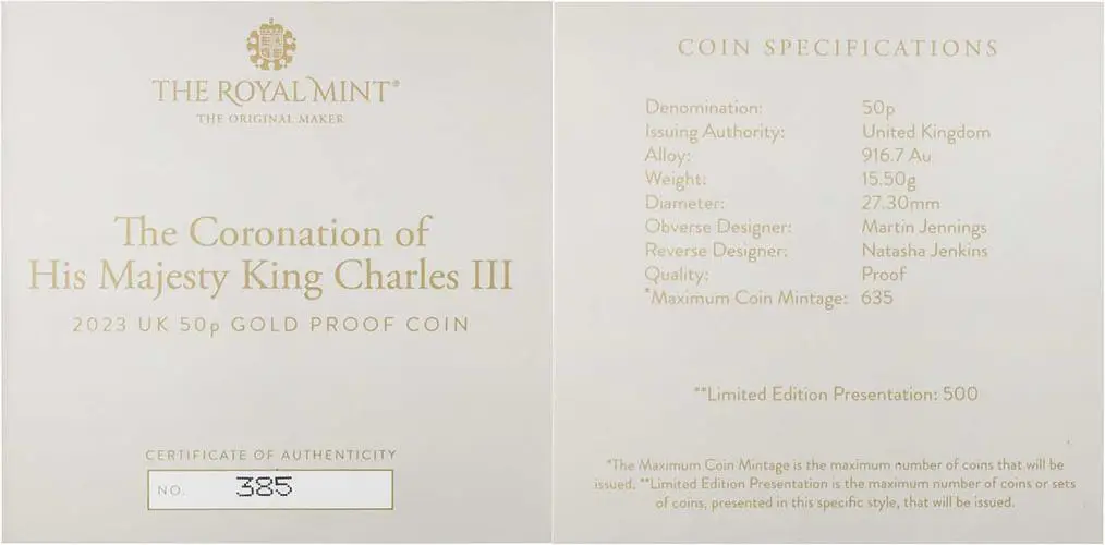 2023 Coronation of King Charles III Gold Proof 50p Coin cert 1