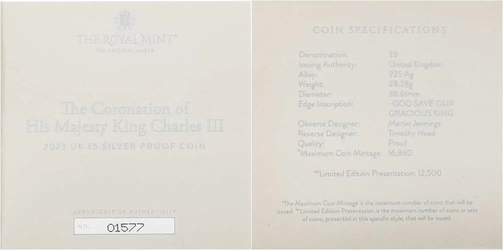 2023 Coronation of King Charles III Silver Proof £5 Crown Coin cert