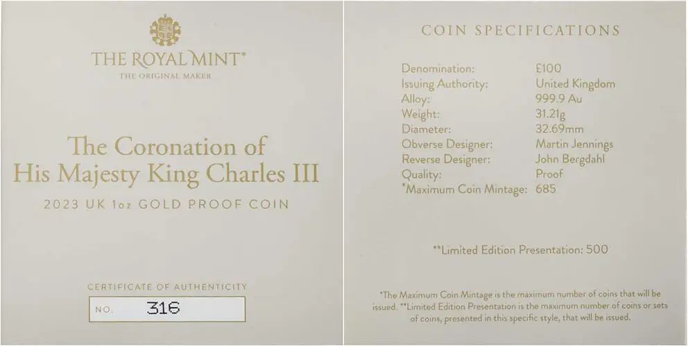 2023 Coronation of King Charles III Gold Proof 1 oz Coin cett