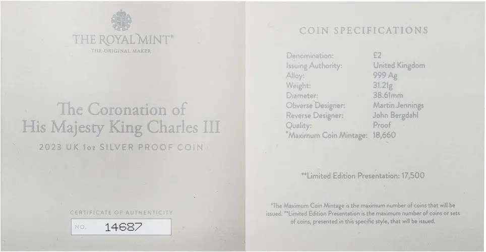 2023 Coronation of King Charles III Silver Proof 1 oz Coin certificate chards