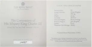 2023 Coronation of King Charles III Silver Proof 1 oz Coin certificate chards