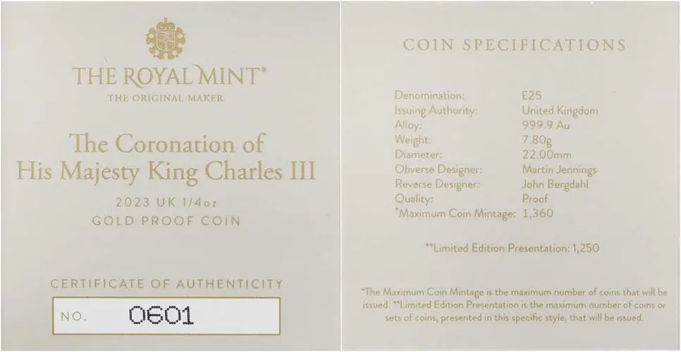 2023 Coronation of King Charles III 0.25 oz Gold Proof Coin certificate