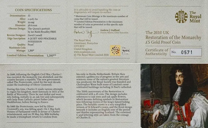 2010 Restoration of the Monarchy Gold Proof £5 Coin cert specs and info