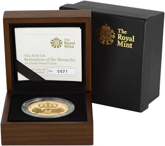 2010 Restoration of the Monarchy Gold Proof £5 Coin in box