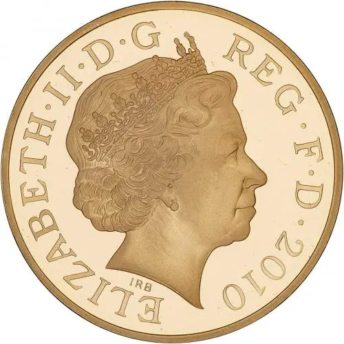 2010 Restoration of the Monarchy Gold Proof £5 Coin obverse