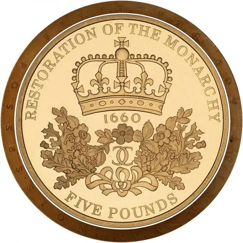 2010 Restoration of the Monarchy Gold Proof £5 Coin rim inscription