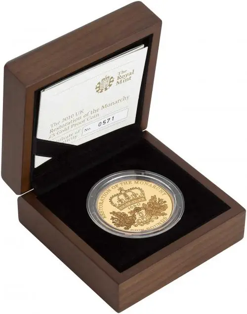 2010 Restoration of the Monarchy Gold Proof £5 Coin side view