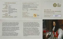 2010 Restoration of the Monarchy Gold Proof £5 Coin cert specs and info