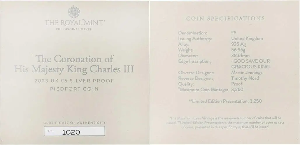 2023 Coronation of King Charles III Silver Proof Piedfort £5 Crown Coin certificate