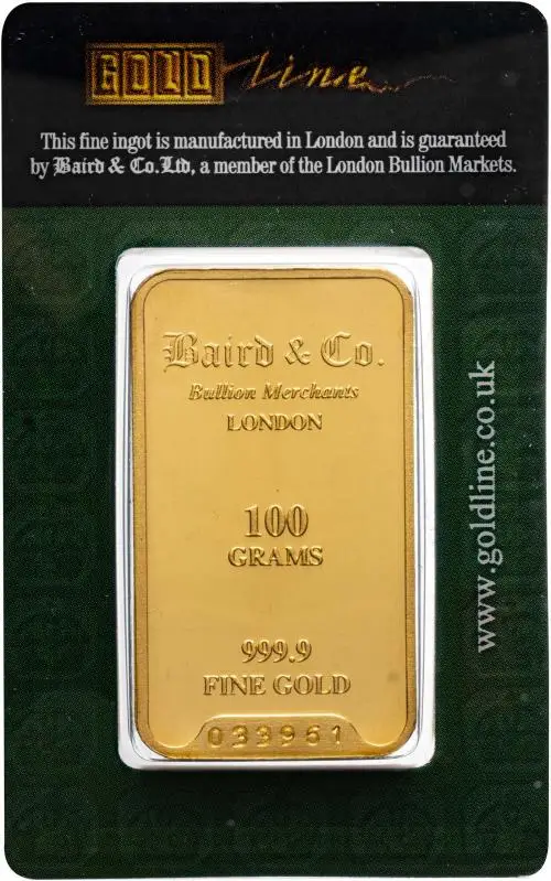 100g Gold Wafer Bullion Bar Baird & Co - Pre-Owned obverse
