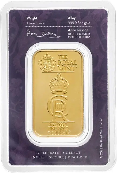 The Royal Celebration KCIII Coronation 1 oz Gold Wafer Bullion Bar - Blister Pack Chards Cypher Obverse