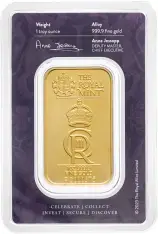 The Royal Celebration KCIII Coronation 1 oz Gold Wafer Bullion Bar - Blister Pack Chards Cypher Obverse