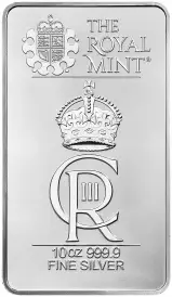 The Royal Celebration KCIII Coronation 10 oz Silver Wafer Bullion Bar - Vinyl Card Royal Mint Reverse Image