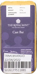 The Royal Mint 500g Cast Gold Bullion Bar Pre-Owned o