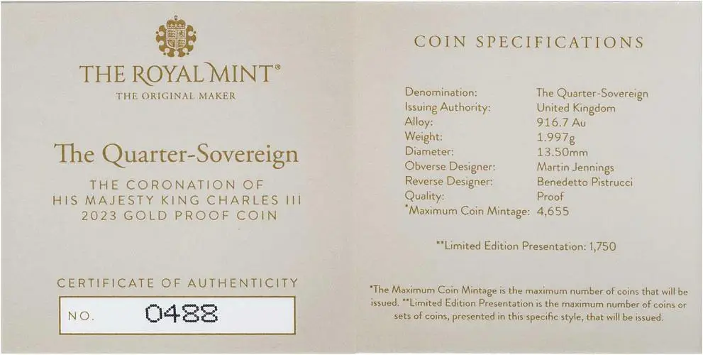 2023 Coronation of King Charles III Gold Proof Quarter Sovereign Certificate
