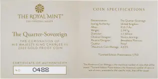 2023 Coronation of King Charles III Gold Proof Quarter Sovereign Certificate