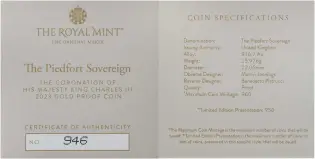 2023 Coronation of King Charles III Gold Proof Piedfort Sovereign certificate